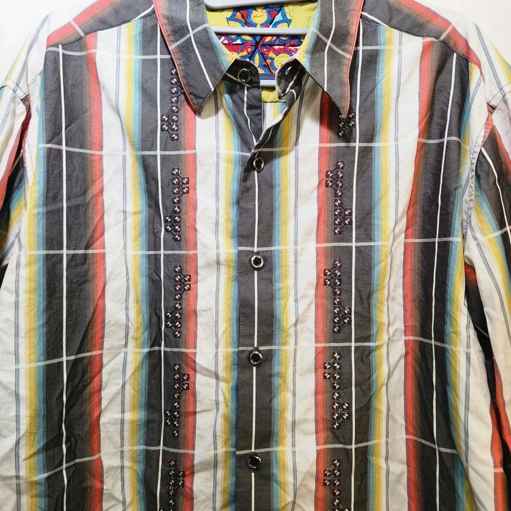 Robert Graham Button Down Mens L Multi Color Good Striped Embroidered Plaid Cuba